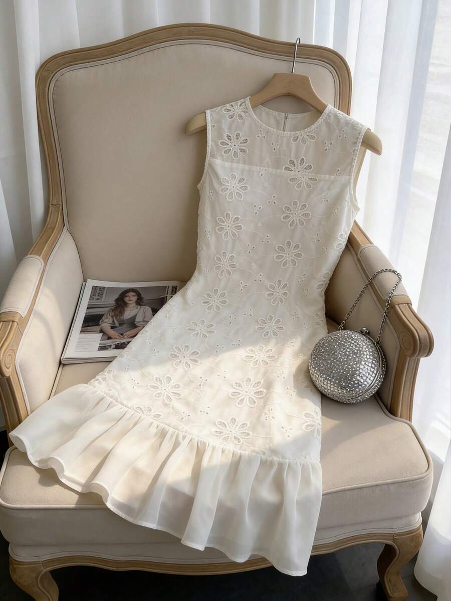 GlowEve Đầm sơ mi nữ dáng chữ A thanh lịch, lãng mạn, cổ tròn, không tay, chất liệu chiffon, thêu họa tiết, màu trắng, thích hợp cho kỳ nghỉ hè. - trắng - Xem 1
