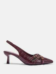 CUCCOO CURVES Wider Width Pointed Toe High Heel Elegant Black Satin Backstrap Sandals All Seasons Spring Shoes Spring Break Easter For Christmas Valentine's Day - Burgundy Square - View 2