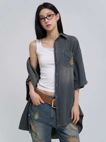 DAZY 女士单排扣做旧休闲百搭日常牛仔衬衫 - 藍色 - 查看 6