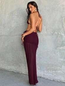 Aloruh 女士三件套比基尼套装，性感优雅复古浪漫咖啡色迷你三角杯吊带上衣、迷你丁字裤和超长纱笼裙，适合度假、海滩、比基尼穿着。 - 酒紅色 - 查看 2