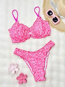 Bonvoyette Summer Fuchsia Leopard Print Tie Front Bikini Set, Sexy Cute Beach Swimwear For Women - Multicolor - View 4