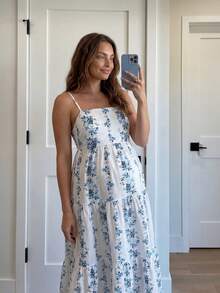 SHEIN 孕妇夏季度假碎花无袖连衣裙 - 藍白色 - 查看 5