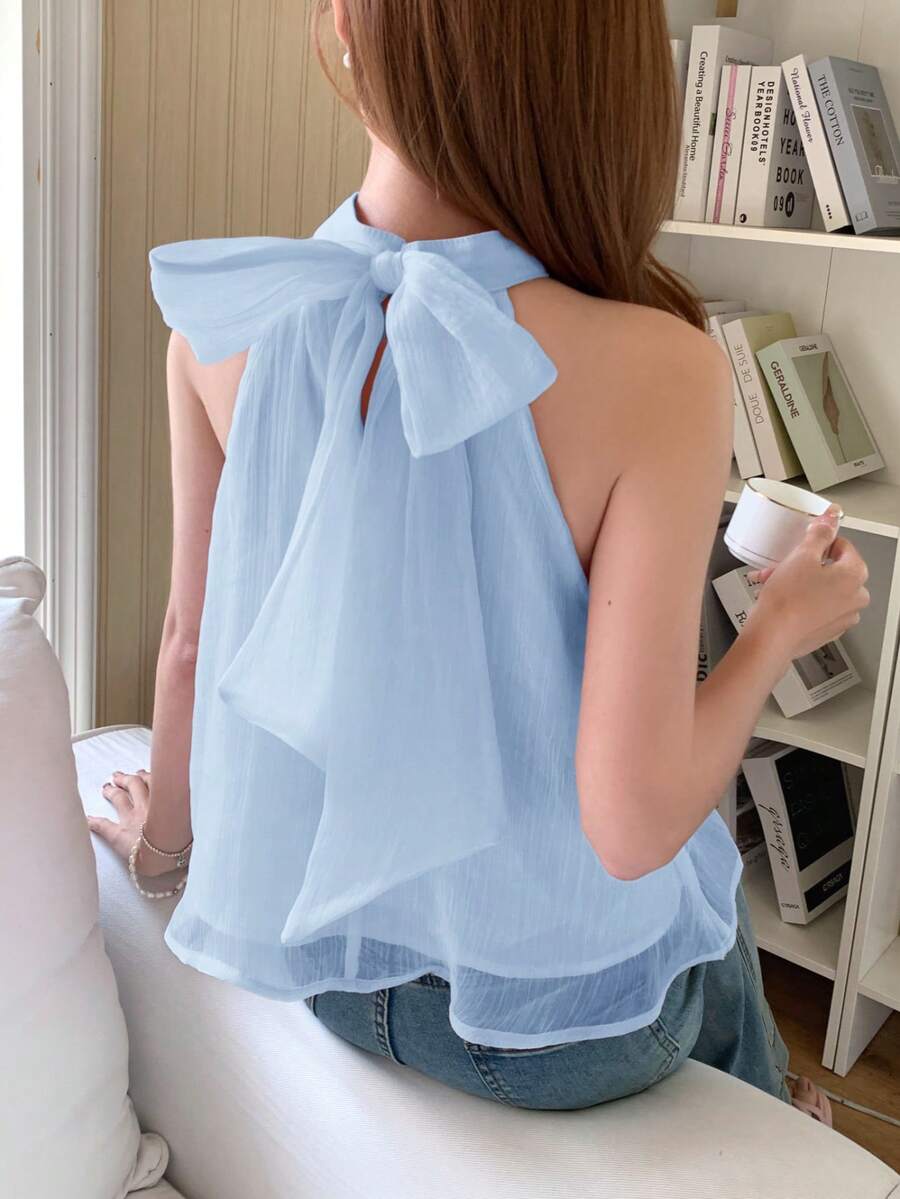 SHEIN Tween女孩春夏優雅甜美粉色編織雪紡立領抓皺A字版型上衣,背後3D大蝴蝶結裝飾背心襯衫 - 淺藍色 - 查看 1