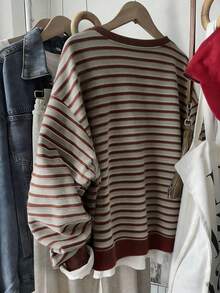 SHEIN 韩版时尚百搭彩色条纹图案卫衣，适合外套、摄影、露营、秋季、冬季、返校，女士常规圆领 - 彩色 - 查看 2