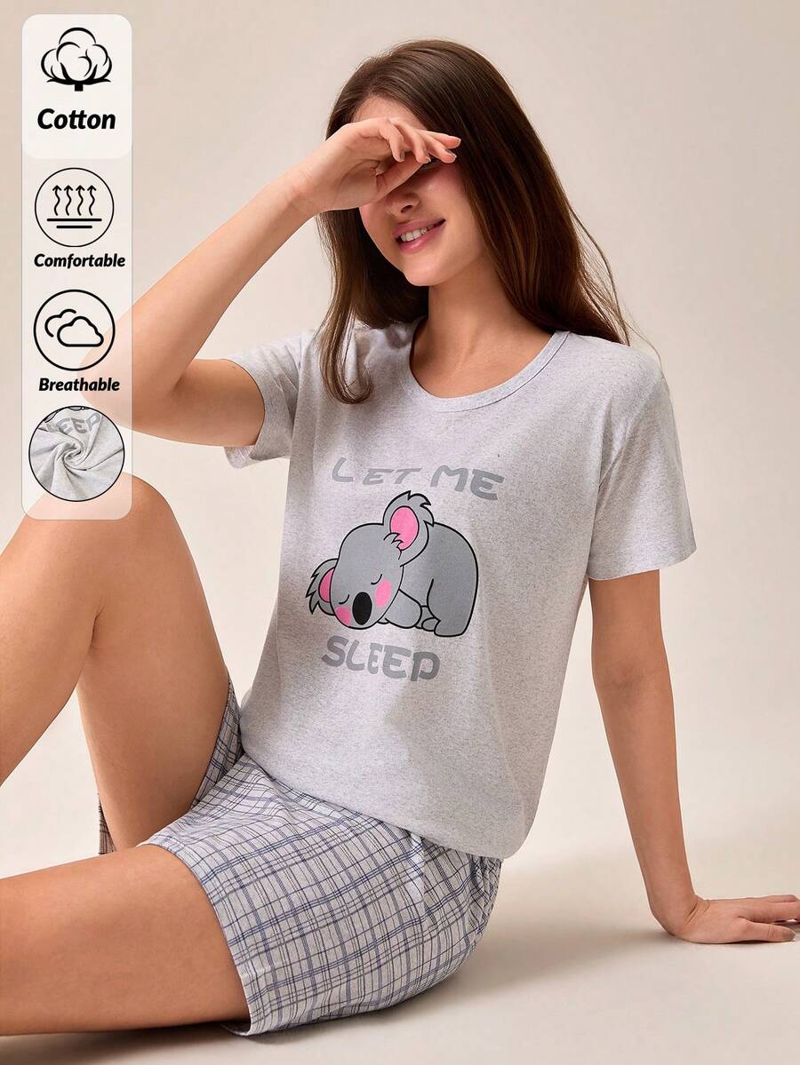 女士纯棉两件套灰色可爱熊猫印花圆领短袖衬衫和格子短裤家居服舒适休闲睡衣套装 - 灰色 - 查看 1