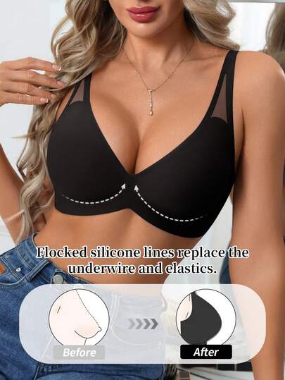 1pc Women's Seamless Wireless Bra, V-Neck Gather Jelly Soft Support Comfortable Solid Color Mesh Hollow-Out Bra With Molded Cup