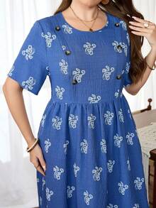 Lacomfia Đầm nữ cổ tròn tay ngắn dáng chữ A xếp ly eo, in hoa, chất liệu giả vải lanh, thoải mái, cỡ lớn. - Màu xanh lam - Xem 1