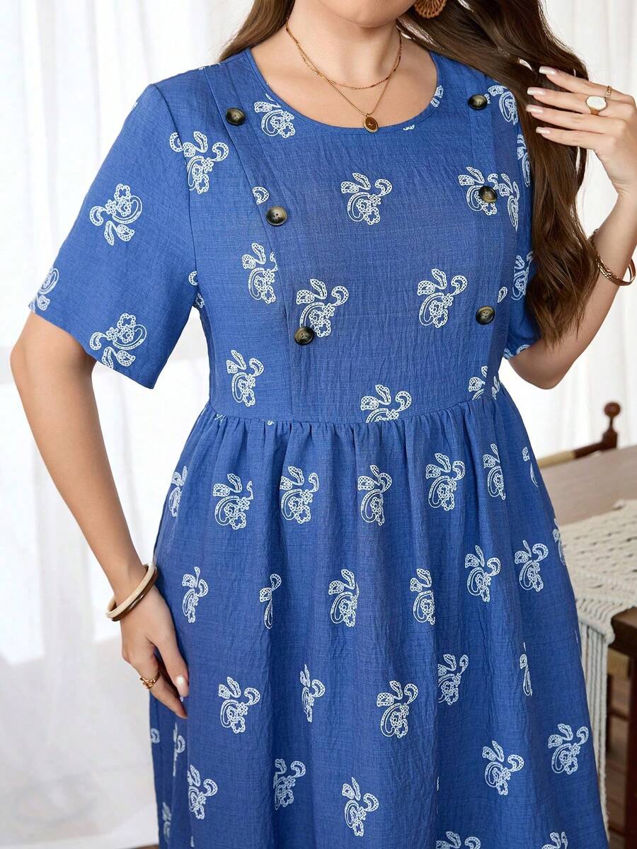 Lacomfia Đầm nữ cổ tròn tay ngắn dáng chữ A xếp ly eo, in hoa, chất liệu giả vải lanh, thoải mái, cỡ lớn. - Màu xanh lam - Xem 1