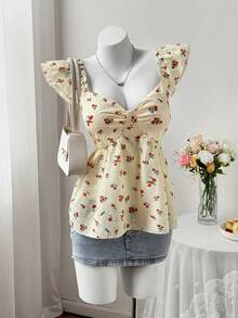 Flirla Plus Size Elegant Floral Embroidery Cap Sleeve Blouse, Suitable For Spring/Summer Vacation - Yellow - View 1