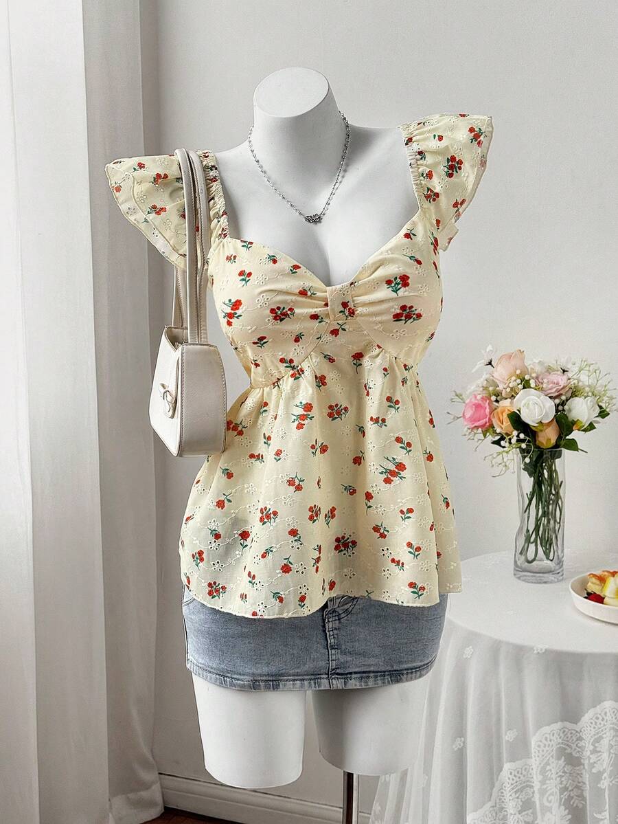 Flirla Plus Size Elegant Floral Embroidery Cap Sleeve Blouse, Suitable For Spring/Summer Vacation - Yellow - View 1
