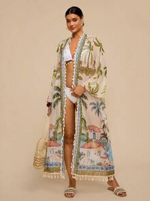 Travachic 热带度假风复古椰树小镇印花罩衫，长款花卉流苏下摆轻盈和服式罩衫，宽松显瘦沙滩罩衫，女士夏季 - 綠色 - 查看 4