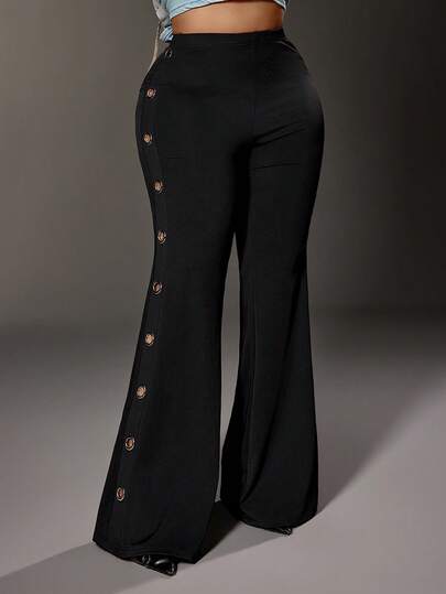 Maweii Plus Size Women Black Metal Buckle Decor Elastic Flare Pants
