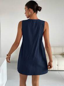 Siren Gaze 女士纯色前系带褶皱无袖休闲迷你连衣裙 - 藏蓝色 - 查看 2