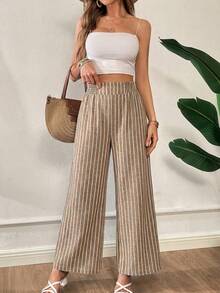 Siren Gaze 女士弹力腰带条纹阔腿宽松休闲裤 - 卡其色 - 查看 7