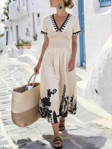 Breezaya 026 New Summer Women's Vacation V-Neck Waist Dress, Printed Contrasting Ruffles Decorate The Neckline And Cuffs, Black-Bottom Plant Print, Elastic Waist Slimming, Gentle Beige Color, Suitable For Daily Commuting, Seaside Vacations, Dating, Urban Elegance, Luxury And Romantic Lady Style Tube Tops For Women, Elegant And Sexy Women's Tops, Suitable For Spring And Summer Wear, Daily Outings, Vacations, Dates, Parties, Glamor Parties, Fashionable Women's Tops - Apricot - View 6