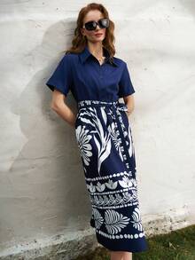 Airaco Women's Floral Print Ruched Casual Party Midi Dress, Suitable For Summer - Navy Blue - View 6