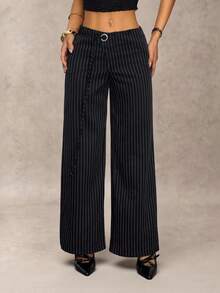 SHEIN PETITE 女士黑色条纹低腰镂空装饰带休闲简约阔腿裤/通勤休闲/百搭外出/办公室穿着/复古富家女装/商务休闲女装/教师装时尚女裤 - 黑色 - 查看 4