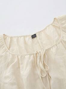 Aalyst Robe en coton Tencel col en U avec col cravate, taille avec lien, poches latérales, fente dans le dos, coupe ample, élégante, romantique, vintage, bureau, décontractée, plage, polyvalente, nouvelle arrivée printemps/été - Nude - Voir 6