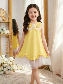 Đầm dự tiệc và dạo phố thời trang cho bé gái, cổ ren, chất liệu lưới, cài nút. - Màu vàng - Xem 8