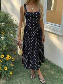 SHEIN EZwear French Polka Dot Dress Elegant  Black Polka Dot Woven Camisole Vacation Dress Black Polka Dot Dress - Black - View 8