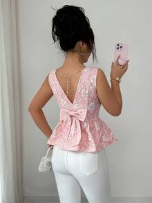 Elenzga 女士优雅提花蝴蝶结串珠链条装饰无袖上衣，夏季 - 粉色 - 查看 2