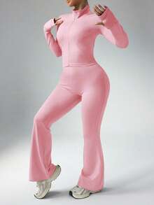 Easithlete 女式大码休闲拉链夹克，带拇指孔和高腰喇叭裤 2 件套粉色裤子套装女式粉色套装女式粉色 2 件套女式粉色两件套女式裤子套装女式粉色裤套装女式粉色裤套装女式粉色喇叭裤套装女式粉色运动服粉色 2 件套粉色长袖上衣和裤子套装 - 淺粉色 - 查看 7