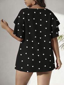 EMERY ROSE Plus Size Black Casual Heart Print Scoop Neck Top With Layered Short Sleeves - Black - View 2