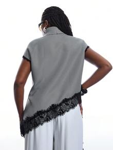 SHEIN EZwear 大码女士优雅千鸟格蕾丝拼接不对称下摆T恤，春夏款 - 彩色 - 查看 2