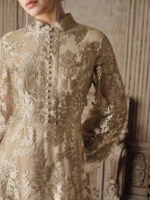 Anewsta Women's New Elegant Flared Long Sleeve Embroidered Dress, Apricot/Champagne Color, Suitable For Party, Birthday, Valentine's Day - Gold - View 5