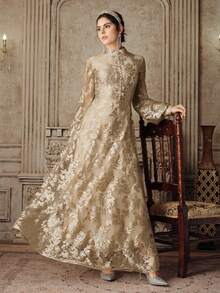 Anewsta Women's New Elegant Flared Long Sleeve Embroidered Dress, Apricot/Champagne Color, Suitable For Party, Birthday, Valentine's Day - Gold - View 7