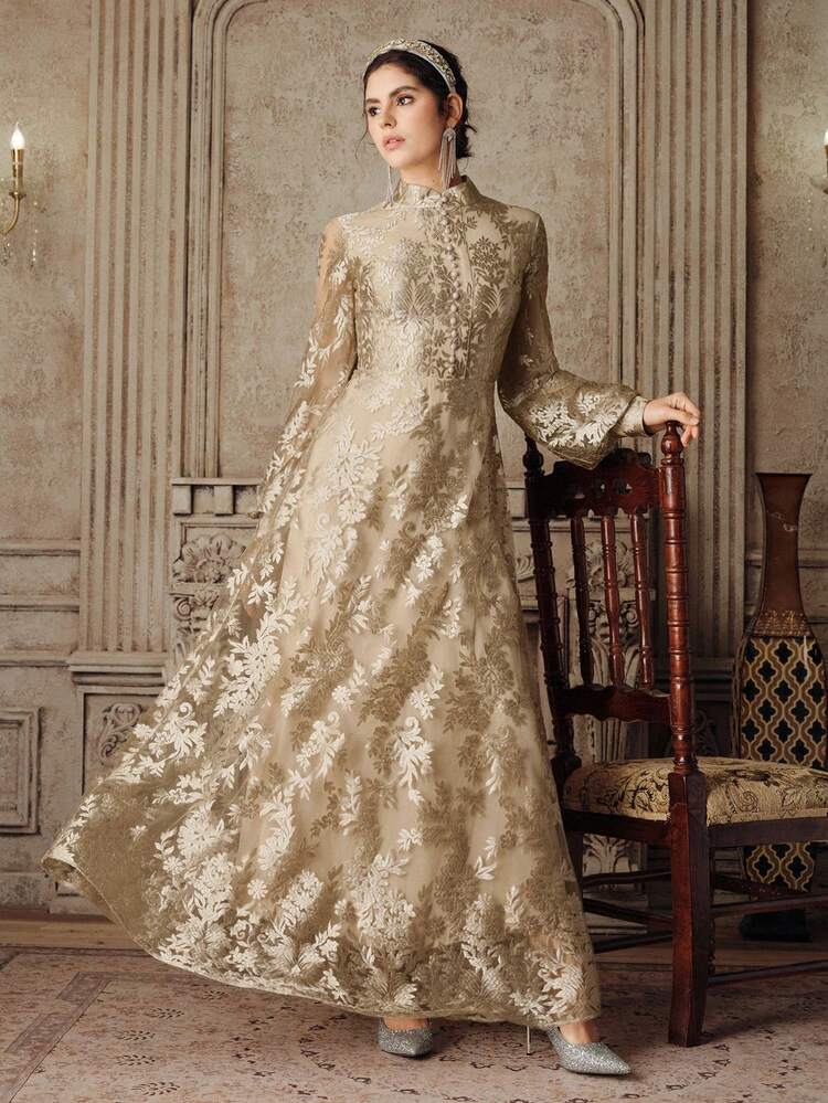 Women's New Elegant Flared Long Sleeve Embroidered Dress, Apricot/Champagne Color, Suitable For Party, Birthday, Valentine's Day
