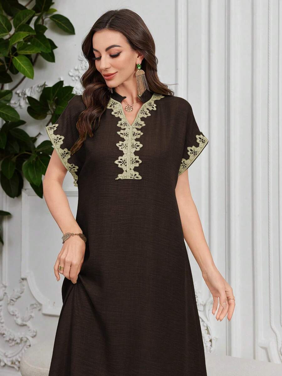 Al Najma Embroidered Collar Floral Raglan Sleeve Mandarin Collar Elegant Arabic Dress - Coffee Brown - View 1
