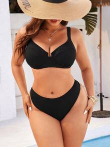 Swim Vcay Plus Size Women's Solid Color Summer Beach Bikini And Triangle Panty Swimwear Set - Black - View 5