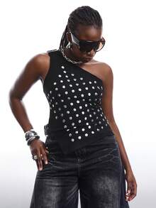 LYSMO Y3K 前卫银色时尚不对称下摆肩带设计无袖上衣，夏季/春季时尚不对称肩背心，适合情人节、生日、休闲外出等场合。 - 黑色 - 查看 3