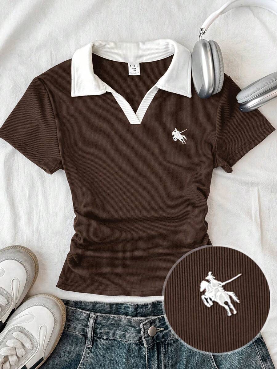 SHEIN 少女款海军蓝白领针织休闲撞色修身短款上衣,带小Logo刺绣 - 棕色 - 查看 1