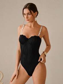 Swim Oasis 2026 Women's Spring/Summer Elegant Romantic Seashell Cup Shaped Swimsuit With Pearl Chain Strap, Bohemian Wave Texture Push-Up Underwire Molded Cup, Wrap-Around Mesh Skirt For Beach Vacation - Black - View 17