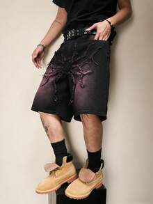 Manfinity EMRG Quần short denim dáng rộng nhuộm màu tím loang họa tiết nhện của thương hiệu New American Streetwear. - màu đen - Xem 6