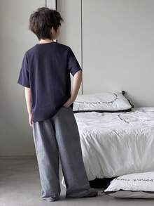 Dazy Kids 2件套幼儿男童圆领针织短袖T恤+格子裤休闲套装，春夏款 - 藏蓝色 - 查看 2