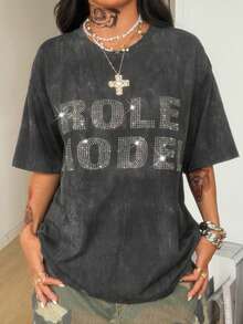 Coolane 灰色水钻字母印花圆领短袖女式T恤 - 灰色 - 查看 4