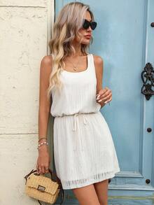 SHEIN LUNE Women's Casual Textured Summer Vacation & Commute Daily Basic Fashion Sleeveless Mini Dress - Apricot - View 5