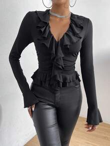 Glamine Women's Black Elegant Ruffle Trim Top, With Ruffle Cuffs And Ruffle Collar Tops For Women Elegant Sexy Top For Women Black Ruffle Top - Black - View 1