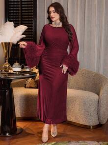 Modelyn Elegant Solid Color Mesh Flared Sleeve Waist Ruched A-Line Plus Size Dress, Suitable For Spring And Autumn - Burgundy - View 7