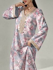 Al Najma 女士花卉印花钩编拼接长袖连衣裙，优雅端庄的A字型卡夫坦长袍，适合晚宴/婚礼宾客/周年纪念/日常穿着 - 淺藍色 - 查看 3