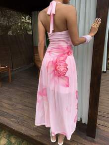 Sunnyshic Women's Pink Gradient Print Chiffon Dress With Spaghetti Strap, Vacation Style, Spring/Summer - Pink - View 2