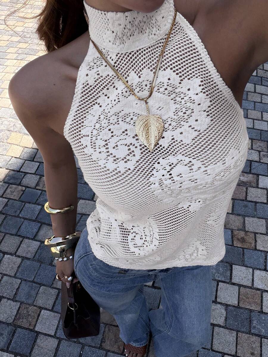 Siren Gaze Women's Elegant Casual Beige Off White Floral Lace Crochet Sheer Knit High Neck Halter Backless Sleeveless Fitted Slim Tank Top, Summer Beach Vacation Holiday Daily Wear Party Night Out Outfit - White - View 1