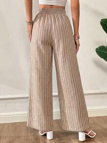 Siren Gaze 女士弹力腰带条纹阔腿宽松休闲裤 - 卡其色 - 查看 2