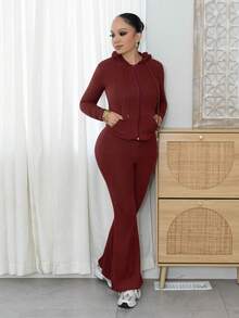 Melissa Matos 2 件套女士休闲连帽运动衫，带口袋和罗纹喇叭裤，百搭秋冬装 - 酒紅色 - 查看 6