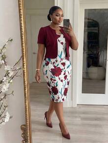 SHEIN Lady Plus Size Elegant Burgundy Summer Wedding 2-Piece Set,Solid Color Short Sleeve Top And Floral Print Dress,Office Business Casual Skirt Suits For Women - Multicolor - View 6