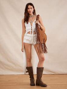 Easelle 波西米亚音乐节蕾丝拼接低腰短裤两件套（女款） - 白色 - 查看 2