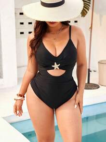 Swim Vcay Maiô elegante de uma peça para mulheres plus size com joias em ouro maciço. - Preto - Ver 4
